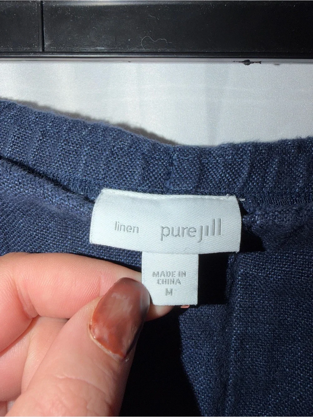 Pure Jill Pants Linen Blue Navy Pull On Elastic Straight Leg Ankle Bottoms M
